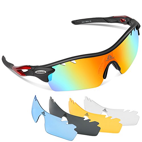 HODGSON Polarized Sports Sunglasses with 5 Interchangeable Lenses for Men Women Cycling Baseball Running Glasses, TR90 Unbreakable -Red