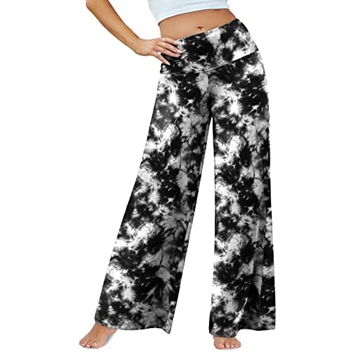 Arolina Women's Stretchy Wide Leg Palazzo Lounge Pants Casual Comfy High Waist Palazzo Pants Large Tiedyeblackwhite