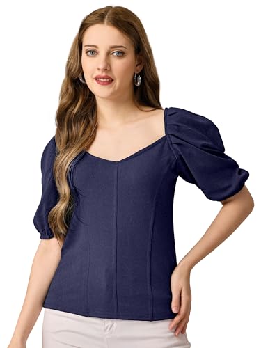 Image of Mehrang Women's Solid Ribbed Crop Tank Top Ribbed Tops for Women V-Neck 3 /4th Balloon Sleeves