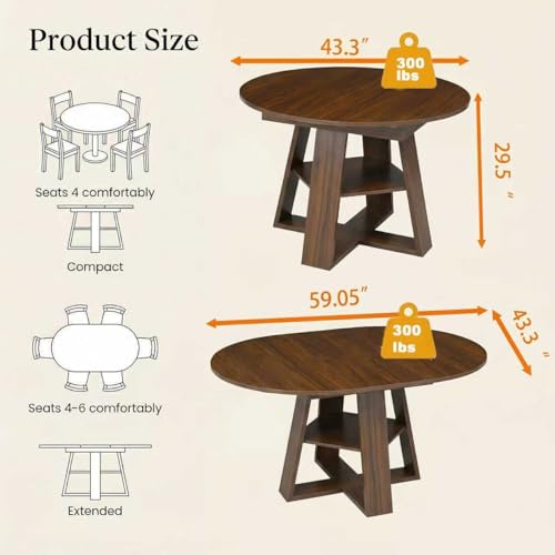 Image of 59 inch Extendable Round Dining Table for 4-8, Folding 59 inch to 43.3 inch Modern Kitchen Oval Dining Table with Removable Leaves Storage Shelf for Kitchen Living Room Walnut