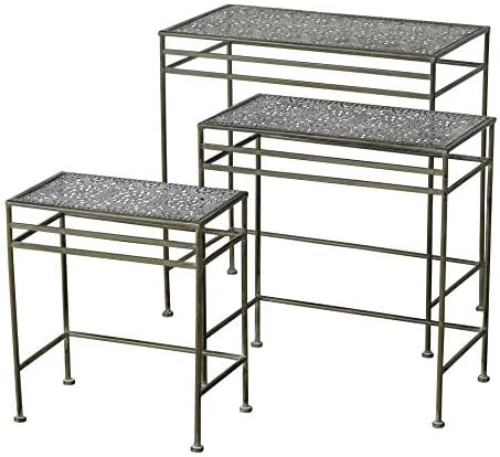 Country Style Accent Tables, Set of 3, Plant Stands, Perforated Daisy Pattern Tops, Slim Line, Vintage Grey, Rust Resistant Metal, 22, 19, 15.25 Inches Tall, Outdoor Garden Collection