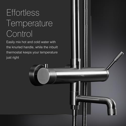 Image of Hindware Italian Collection Integrated Shower Console with Hand Shower, Overhead Shower & Bath Spout | Wall Mount Installation | Made of SS | Gun Metal Finish | Slim Lever Operated | Evinco Range
