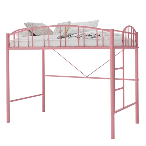 Loft Bed Twin Size with Stairs and Arched Guardrail, Sturdy Metal Slats Support, Space Saving, Noise Free, No Box Spring Needed, Ideal for Kid Room and Dorm, Pink