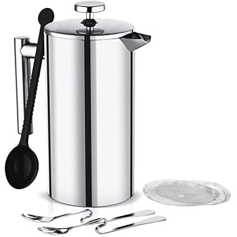 SupMitior French Press Coffee Maker, 1000ml/34oz/8 Cup Stainless Steel Coffee Press(2 Spoons, 2 Extra Filters), Portable Double Wall Cafetiere 3-Layer Filter, Tea/Cafetière Kettle for Home Travel Cover