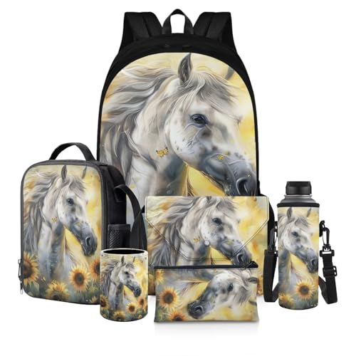 Zaino per bambini borse scuola con portapranzo astuccio per matite per bottiglie dacqua Set di 6 pezzi per libri Simpatico cavallo animale per