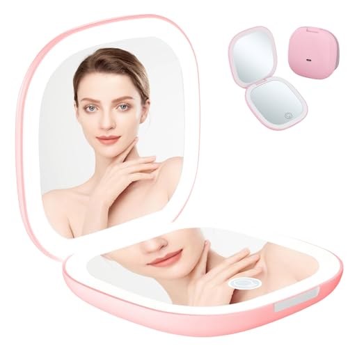Mini espejo de bolsillo LED, espejo cosmético con aumento 1×/10× espejo cosmético portátil con iluminación recargable espejo de maquillaje plegable espejo de viaje para niñas, sensor táctil – Rosa