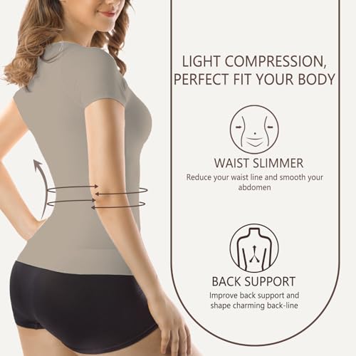 Image of +MD Women's Seamless Short Sleeve Undershirt, Light Compression Scoop Neck Tank Top, Tummy Control Basic Tee Camisole
