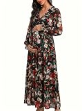 BLENCOT Womens Casual Floral V Neck Long Sleeve Long Evening Dress Cocktail Party Maxi Wedding Dresses Flower Printed Black Pattern 2 Large