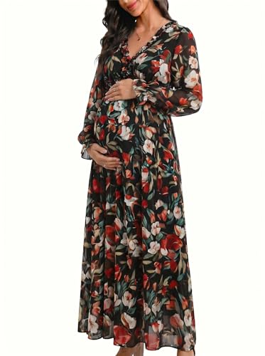 Image of BLENCOT Womens Casual Boho Floral Printed V Neck Long Sleeve Long Maxi Dress Spring Summer Dresses