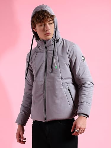 Image of The Indian Garage Co Men Black Regular Fit Solid Hooded Bomber Jacket