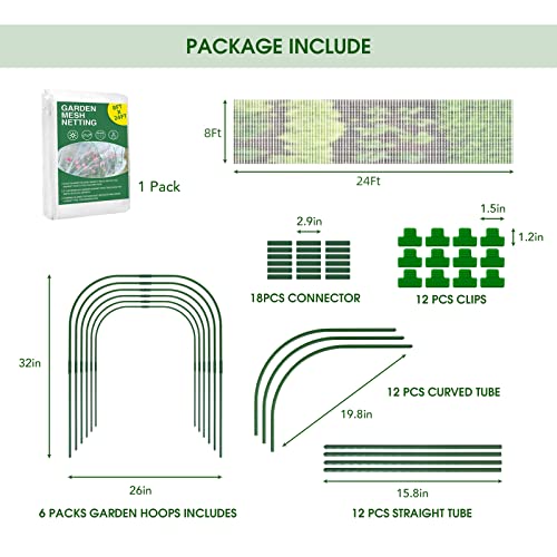 Garden Mesh Netting Kit, Plant Covers 8X24 Ft Ultra Fine Mesh Netting With 6 Sets Garden Hoops ＆12 Clips, Bird Netting Protection For Fruit Vegetable Flowers Animals Greenhouse Cover #TOP2