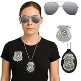 Kit Policial Adulto Com 3 Acessórios, Óculos Aviador, Broche, Colar com Distintivo, para Festas, Fantasia, Carnaval, Halloween