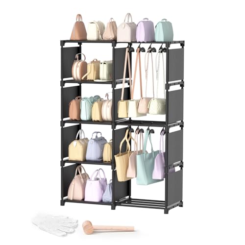 DYJIEKAI Tall Purse Organizer With Movable Hooks Purse Rack Stand Storage For Closet High-Capacity Handbag Organizer Multi-Purpose Purse Holder Shelf Space Saving Floor-Standing Bag Display