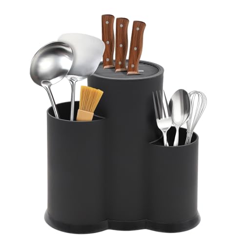 YRYUNRUI - Ceppo portacoltelli 3 in 1, senza coltello, universale, rotondo, per coltelli da cucina, colore nero, per coltelli da cucina, posate, utensili da cucina