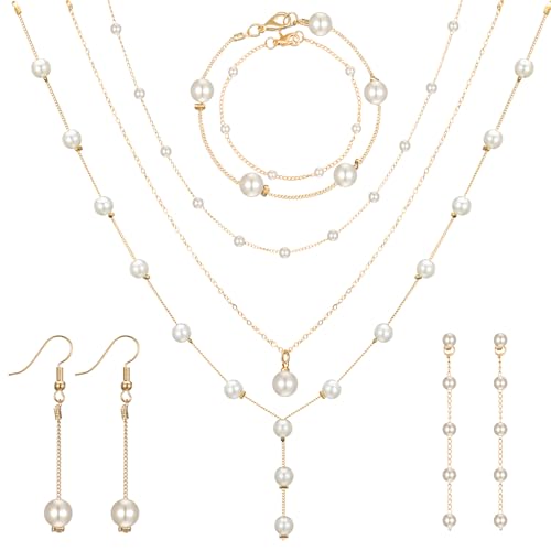 Quelay 9 Pcs Gold Pearl Jewelry Set for Women Includes Gold Plated Pearl Necklace, Drop Earrings, Bracelet for Wedding Bride Jewelry Gift