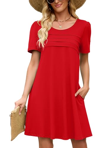 Image of Heymoments Women's Short Sleeve Crewneck Sundress Summer Casual A-Line Beach Dress with Pockets S-2XL
