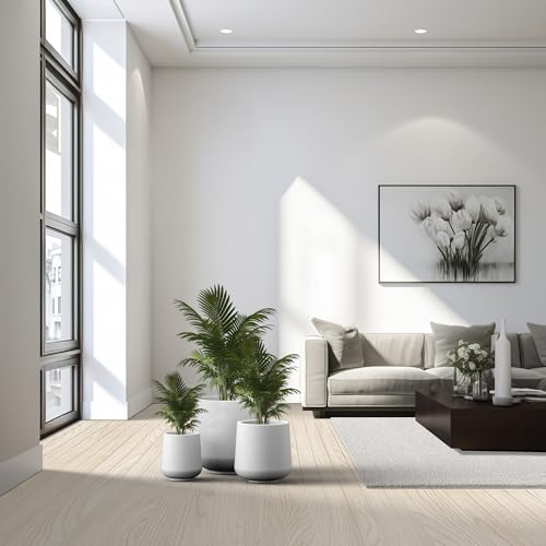 Image of Kante Set of 3 White Concrete Curved Planters 16.5 inch 13 inch 9.4 inch Dia | Drainage for Outdoor, Rubber Plug for Indoor Home, All-Weather Cement Pot, Handcraft, Lightweight & Durable, Anti-UV, Round