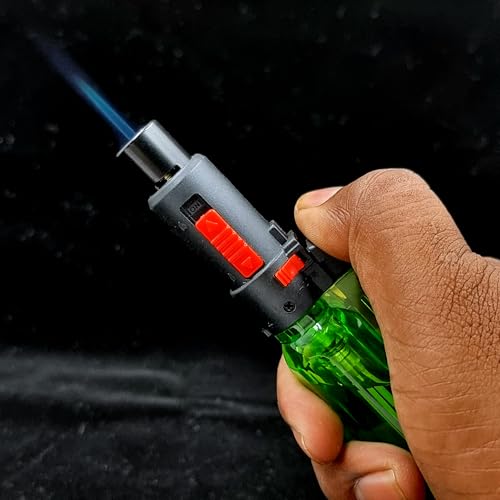 Image of Blow Torch Refillable Culinary Kitchen Gas Lighter, Safety Lock & Adjustable Two Flame System for Food Cooking /BBQ /Baking /Coal Burning /Camping (Green)