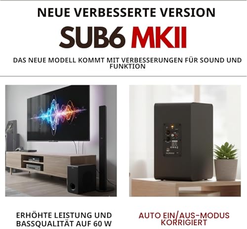 VULKKANO SUB6 MKII Kompakter aktiver Subwoofer mit 15,2 cm (6 Zoll) mit tiefem Bass und elegantem Design für Heimkino, Musik und Videospiele, Frequenz: 50 Hz bis 200 Hz