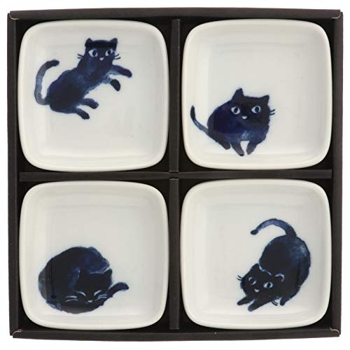 123kotobukijapanstore Kotobuki White Small Square Indigo Cats Plate Gift Set #180-749
