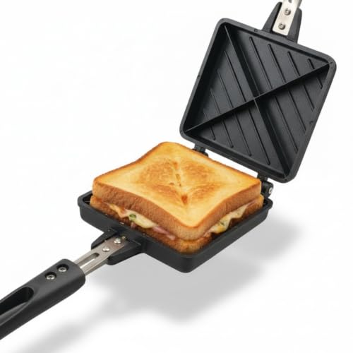 Image of Double Sided Sandwich Grill Pan | Non-Stick Toast Maker Aluminium Stovetop Toaster Gas Stove Flip for Bread Snacks Heat Resistant Handle Black (Jumbo- 4cut Toaster)