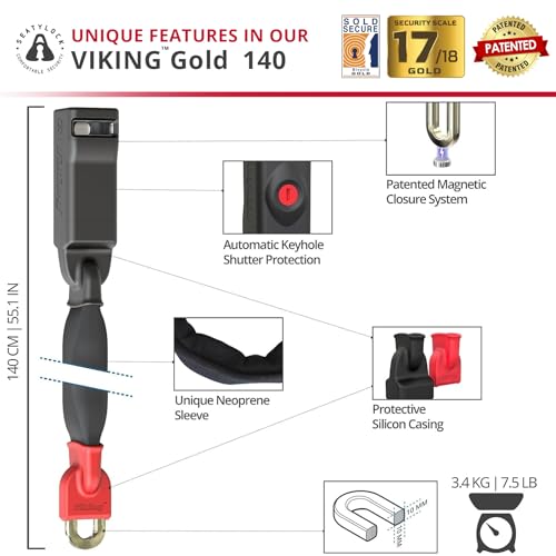 Image of Seatylock Viking Bike Chain Lock with Key - Magnetic Patented Sold Secure Rated - Heavy Duty Anti Theft - Smart Ultra Security Bicycle Lock (55.11 in, Gold Rated)