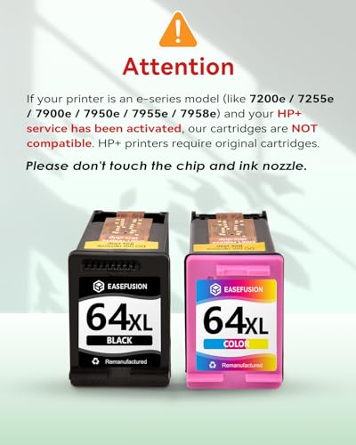 EaseFusion 64XL Black and Color Ink Cartridge Remanufactured Replacement for HP Ink 64 HP64 HP64XL Combo Pack Compatible with HP Envy Photo 7800 7855 7858 7100 7155 6200 6255 Tango X Series Printers