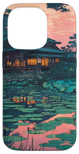 日本の家 池 木版画 ヴィンテージ 風景 スマホケース iPhone 14 Pro 用