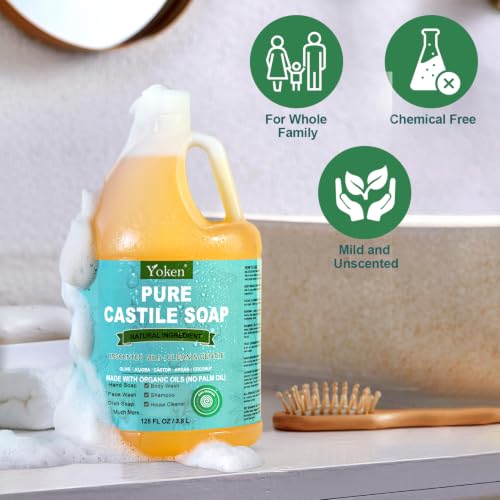 Image of Yoken Pure Castile Liquid Soap 128 Oz Unscented Body Wash Dishes with Pump | No Fragrance Vegan Natural Laundry Dishes Mild Sensitive Skin Travel Camp Soaps Body Bath Hand Wash Bulk Size Refill 3.8 L