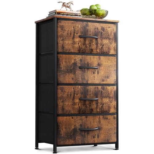 Image of AODK Dresser for Bedroom with 4 Storage Drawers, Small Dressers Chest of Drawers Fabric Dressers with Sturdy Steel Frame, Dresser for Closet with Wood Top, Vintage