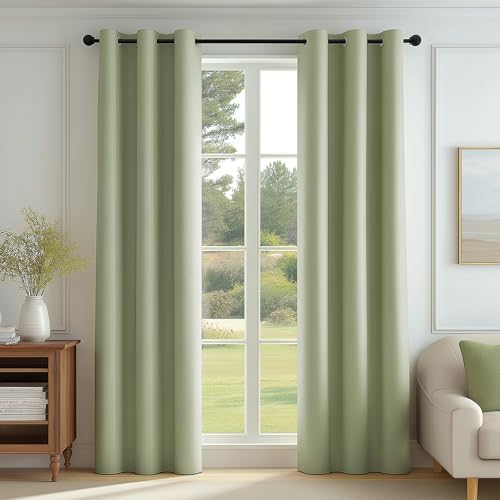 Image of FMFUNCTEX 100% Blackout Curtains for Bedroom, Green Curtains 63 Inches Long Textured Thermal Insulated Curtains for Living Room Drapes, Black Out Drapery Grommet Room Darkening 2 Panels, 40 inch W x 84 inch L