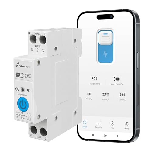 Interruptor Carril DIN WiFi con Medidor de Consumo Nivian Smart Home – Control Remoto por App, Protección Eléctrica 1-63A, Automatizaciones, Alexa y Google