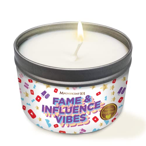 Magnificent 101 Fame & Influence Vibes 6-oz. Candle in Tin Holder; 100% Natural Soy Wax with Ginger, Clove & Frangipani Essential Oils for Aromatherapy, Energy Cleansing & Meditation; Great Gift