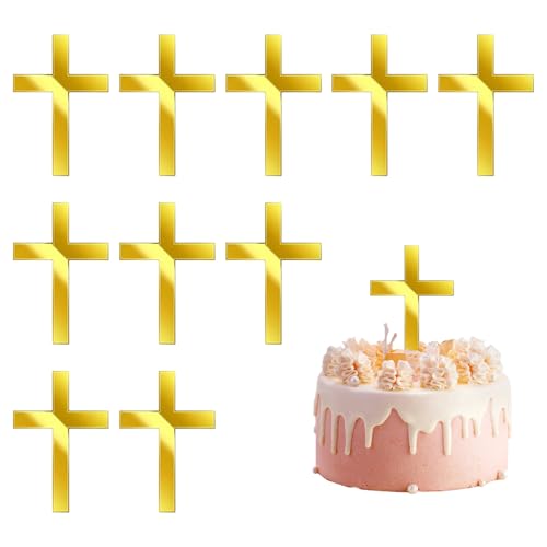 Dcsfadq Lot de 10 décorations de gâteau en forme de croix dorée, 10 x 7 cm, acrylique, pour confirmation, fête, mariage, anniversaire, communion, baptême