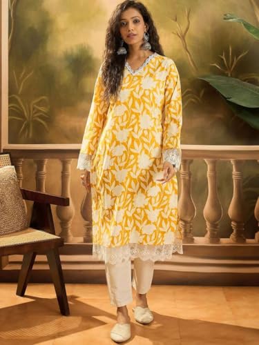 Image of Women's Floral Printed Cotton Afgani Kurta with Lace Detail Full Sleeves