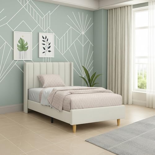 Image of Modern Upholstered Single Size Bed Without Storage | Single Size Bed for Bedroom with Headboard | Palang Furniture for Guest Room, Hotels and Home | Cream, (Cream)