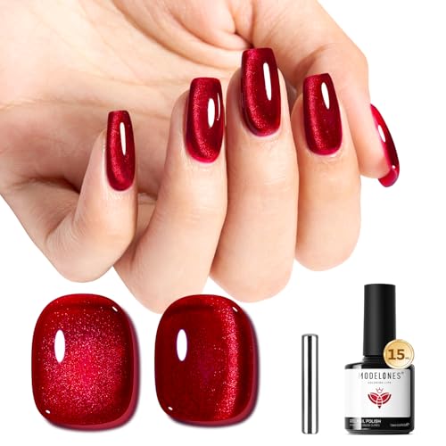 Image of modelones Red Cat Eye Gel Polish Burgundy Red Gel Polish Magnetic Glitter Holographic Ruby Red Gel Nail Polish Valentine Reflective Jelly UV Gel 15 ML