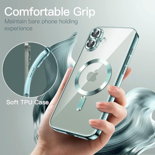 Image of Elzzi Electroplated Transparent Clear Logo Back Cover for iPhone 16 Plus, TPU Cover, Magsafe Compatible, Full Body & Individual Camera Protection for Each Lens Bumper Cases for Men, Women (Green)