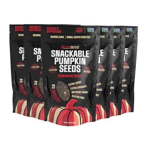 SuperSeedz Dry Roasted Pumpkin Seeds - Somewhat Spicy Pepitas, Whole 30, Paleo, Vegan & Keto Snacks, 8g Plant Based Protein, Produced In USA, Dairy Free, Nut Free, Gluten Free Snack (5oz, 6-pack)