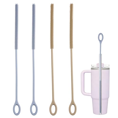 4Pcs Reusable Silicone Straw Cleaner Brush Extra Long, Soft Bendable, Non-Slip Handle for Glass Metal Smoothie Straws (Blue&Brown)
