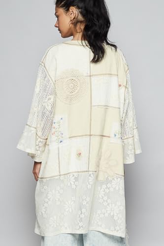POL Clothing Boho Lace Kimono Cardigan with Floral Embroidery, Long Open Front, White2