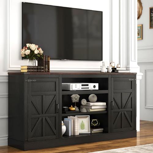Hlivelood 66" Farmhouse TV Stand with Power Outlets for 75 Inch TVs, 33" Tall Entertainment Center with Storage Cabinets w/Adjustable Shelves, Rustic Large TV Media Console for Living Room, Black
