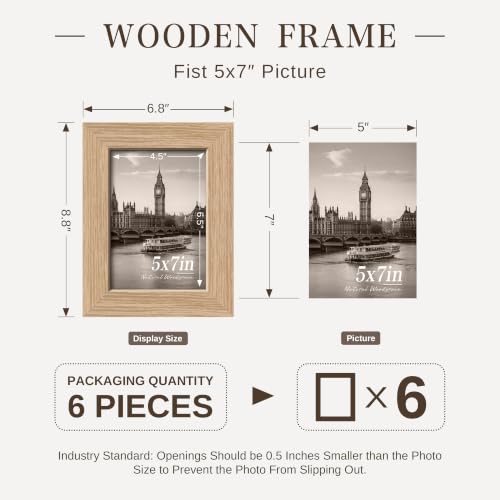 Image of VCK 5x7 Picture Frame Set of 6, Elegant Oak Wood Portrait Frame