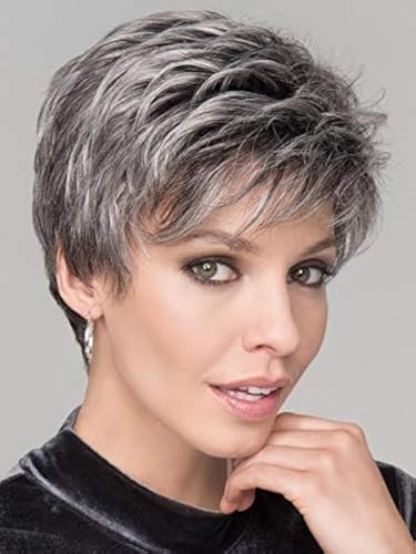 HAIRCUBE Peluca corta de pelo humano natural, para mujer, gris a blanco.