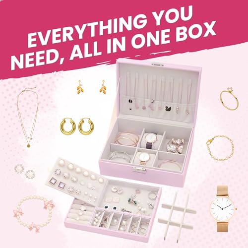 Image of OCEANEVO Jewellery Organiser Box WITH Makeup Sponge, Jwell Organizer Storage Box with Lock, Earrings, Necklace Organizer for Women - 23 x 17 x 8.5 Cm - Pink - 1 Year Warranty