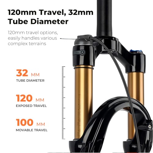 BOLANY 27.5/29Zoll MTB Luftgabel, 120mm Federweg Fahrrad-Federgabel 28.6mm (1-1/8inch) 220mm Gewindefreier gerader Gabelschaft 9x100mm QR Scheibenbremsversion