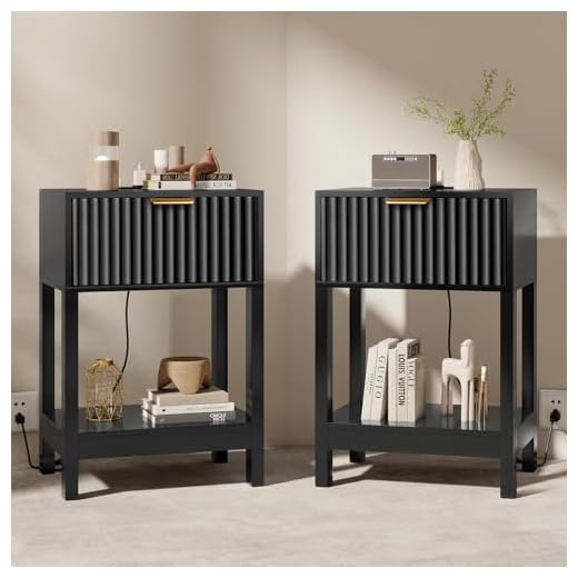 Nasonet Night Stand Set 2, Fluted Nightstand with Charging Station, Wood Bedside Table with Drawer & Storage Shelf, Modern End Tables for Bedroom Sofa Couch Office, Black