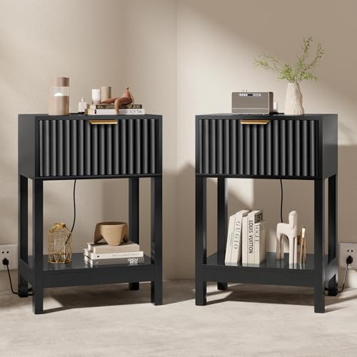 Night Stand Set 2, Fluted Nightstand with Charging Station, Wood Bedside Table with Drawer & Storage Shelf, Modern End Tables for Bedroom Sofa Couch Office, Black