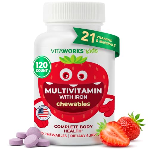 Kids Multivitamin with Iron & Minerals Chewable Tablets - Mixed Fruit Flavor - Vegetarian GMO-Free Nut Free - Dietary Supplement - Digestive Support for Children - 120 Chewables