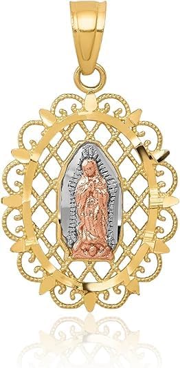 Colgante de filigrana de oro bicolor sólido de 10 quilates con filigrana de Nuestra Señora de Guadalupe -0.512 in x 0.866 in - Virgen de guadalupe -